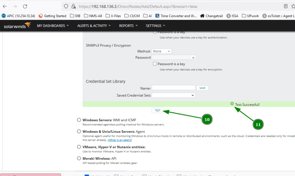 Screenshot showing testing node settings on Solarwinds Orion NPM NMS system.