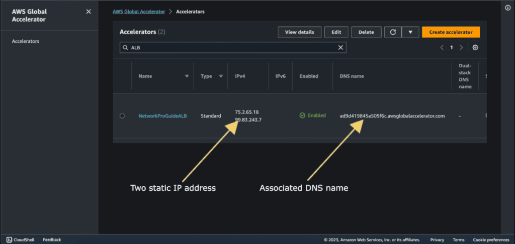 Two static IP address and DNS name for ALB