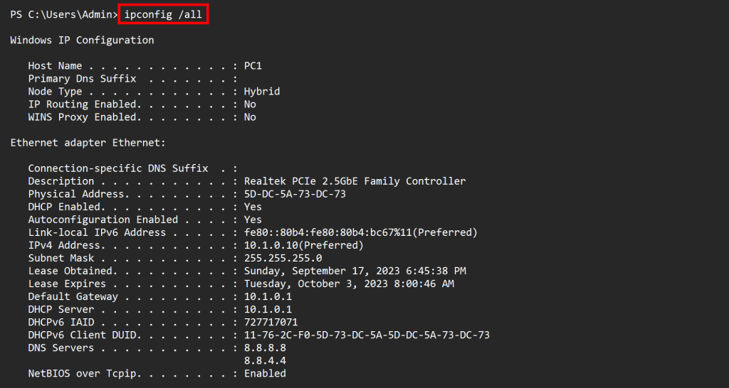 Typing ipconfig /all command into powershell window and showing the output.