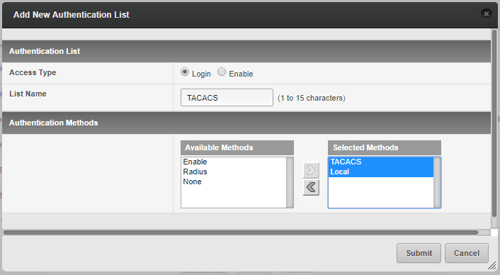 Screenshot showing ubiquiti ise tacacs add TACACS authentication list