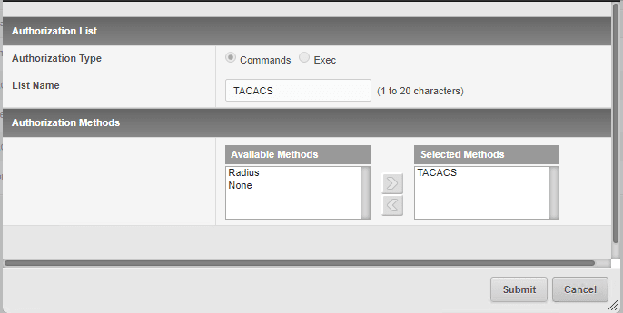 Screenshot showing ubiquiti ise tacacs add TACACS authorization list