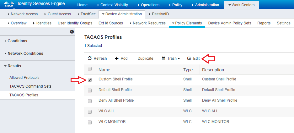 Screenshot showing ubiquiti ise tacacs custom shell profile