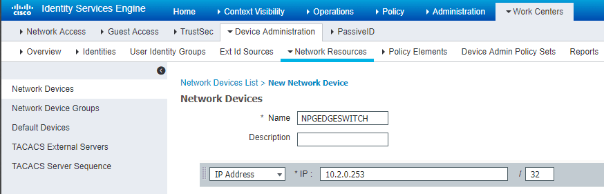 Screenshot showing ubiquiti ise tacacs define network resource