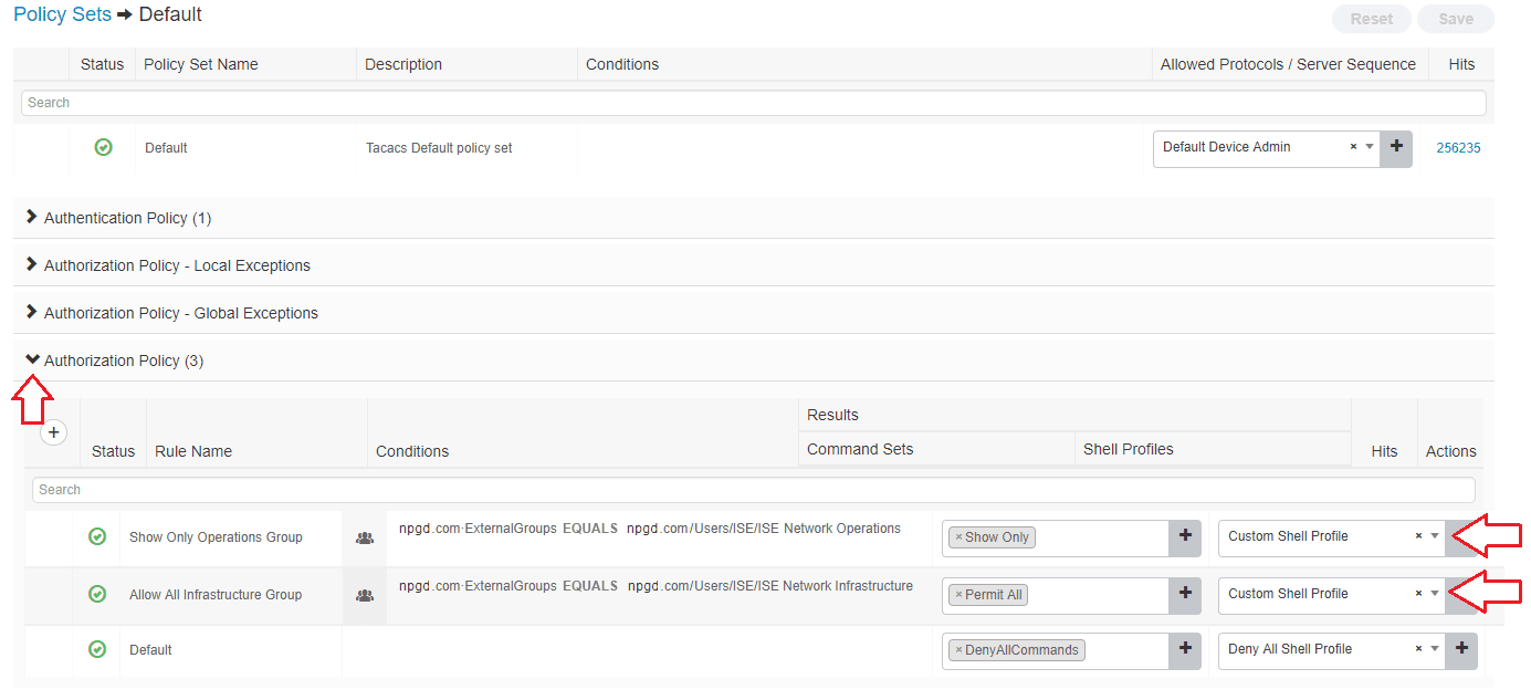 Screenshot showing ubiquiti ise tacacs policy set edit