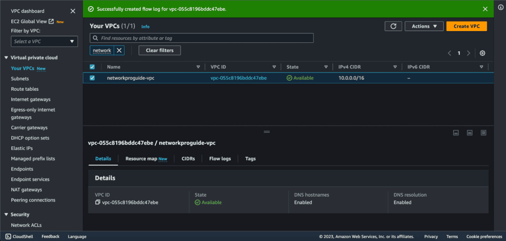 Screenshot showing VPC flow log created in AWS.
