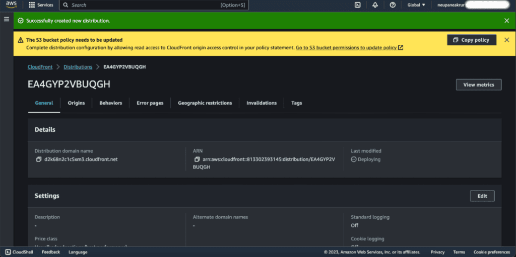 Warning message to update the S3 bucket policy